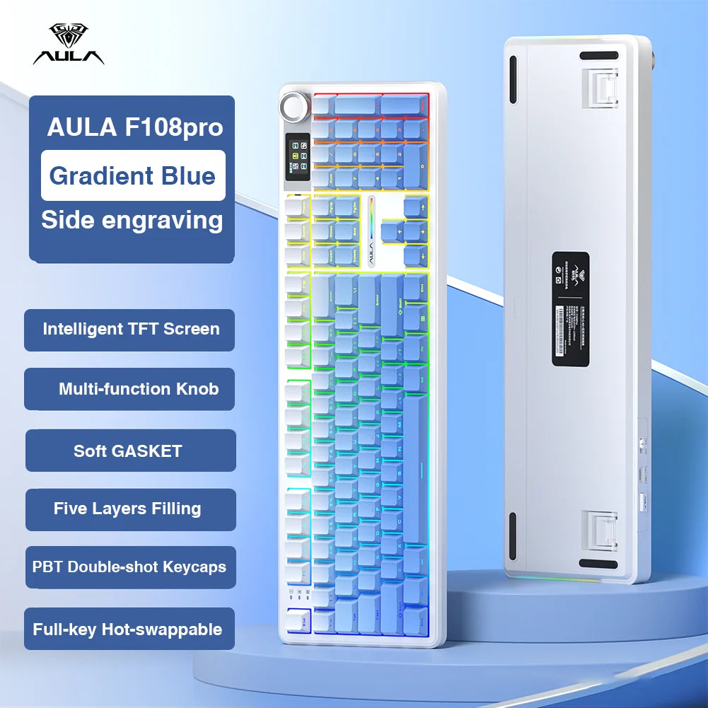 F108 Pro Wireless Bluetooth Keyboard Macro Gaming Keyboard Gasket Hot-Swap Full Size Keyboard with TFT Smart Display