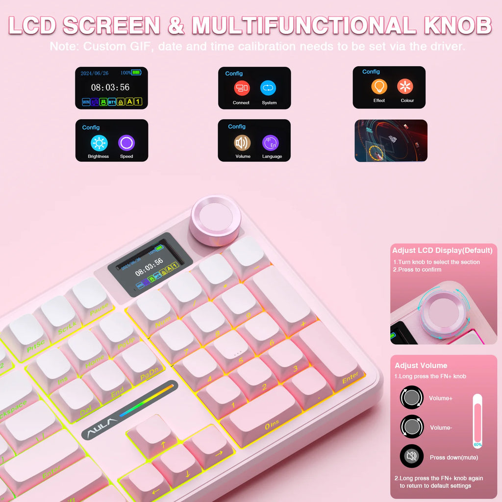 F108 Pro Wireless Bluetooth Keyboard Macro Gaming Keyboard Gasket Hot-Swap Full Size Keyboard with TFT Smart Display