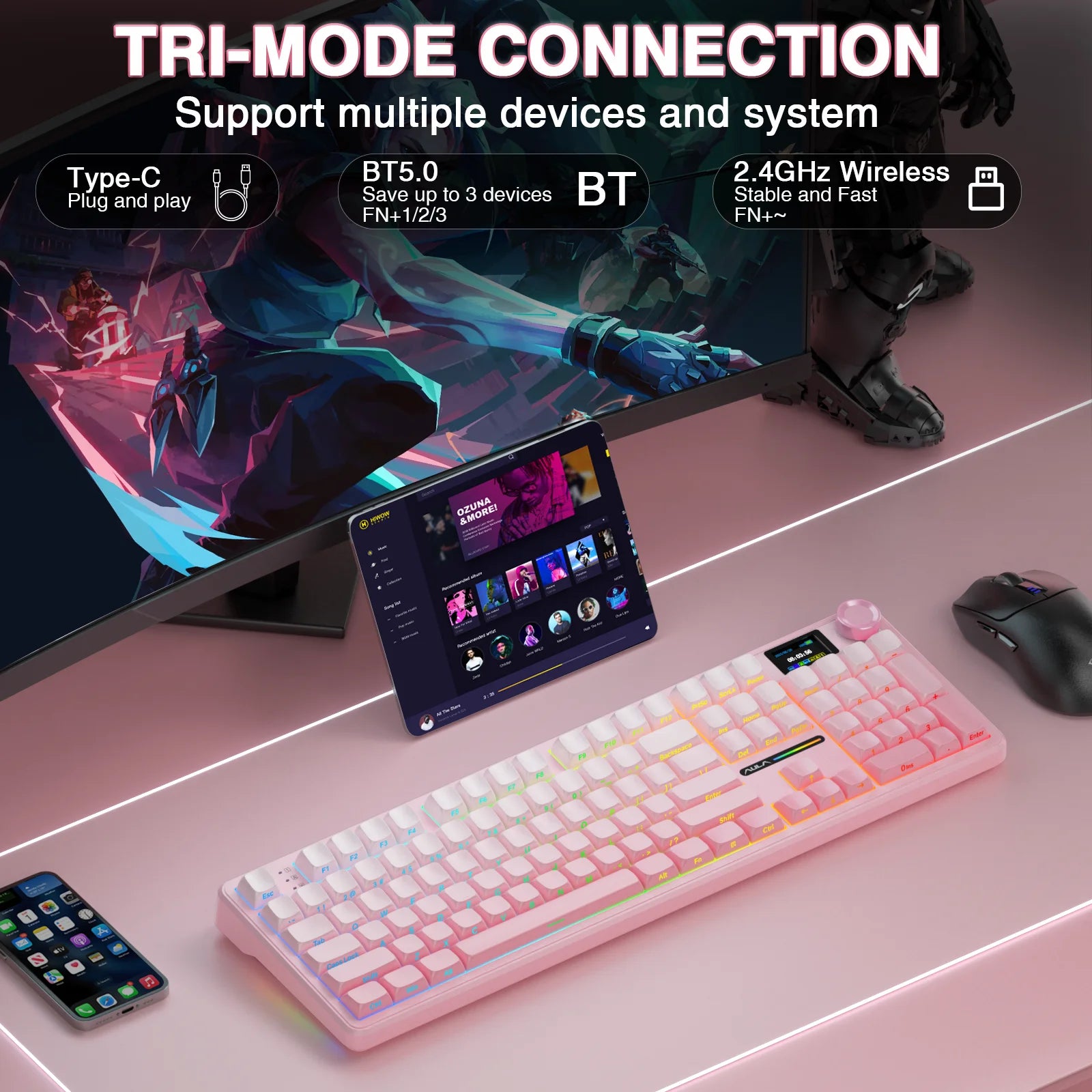 F108 Pro Wireless Bluetooth Keyboard Macro Gaming Keyboard Gasket Hot-Swap Full Size Keyboard with TFT Smart Display