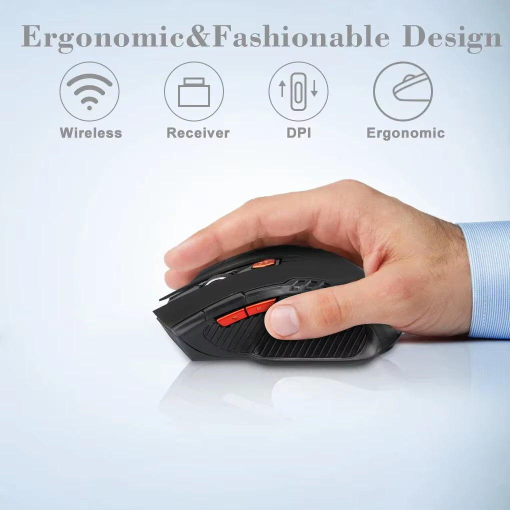 2.4G Wireless Black Mouse 1600DPI Optical Mouse Computer Gaming Mouse 6-Button Wireless Mouse with USB Receiver