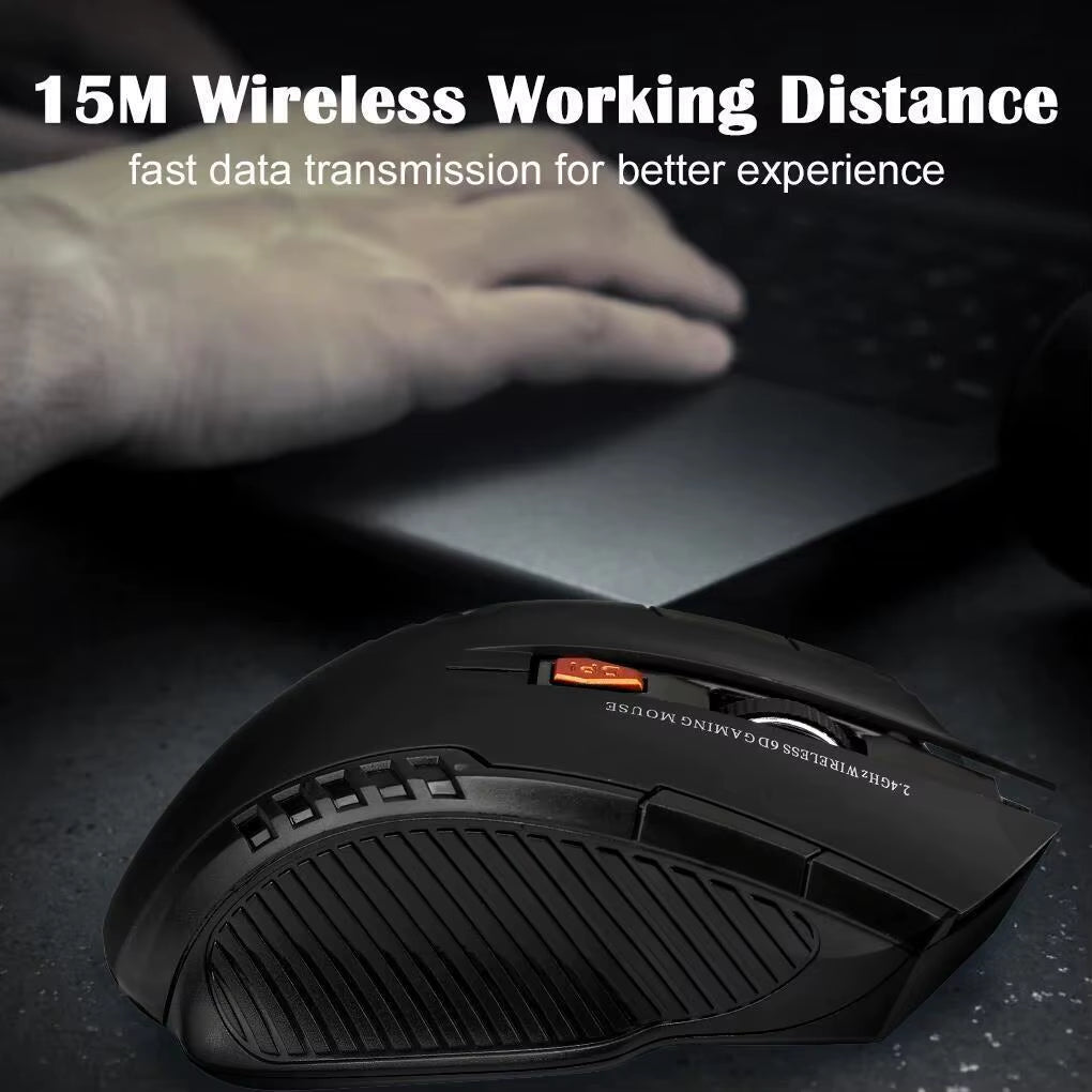 2.4G Wireless Black Mouse 1600DPI Optical Mouse Computer Gaming Mouse 6-Button Wireless Mouse with USB Receiver