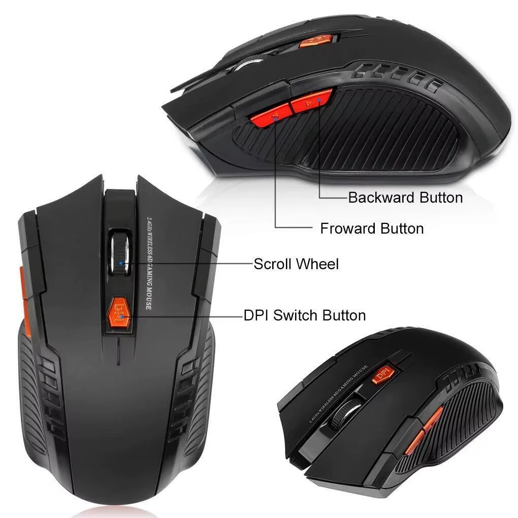 2.4G Wireless Black Mouse 1600DPI Optical Mouse Computer Gaming Mouse 6-Button Wireless Mouse with USB Receiver